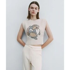 Zara Disney Classics Thumper Knit Embroidered Sweater Cream Ribbed Sleeveless S